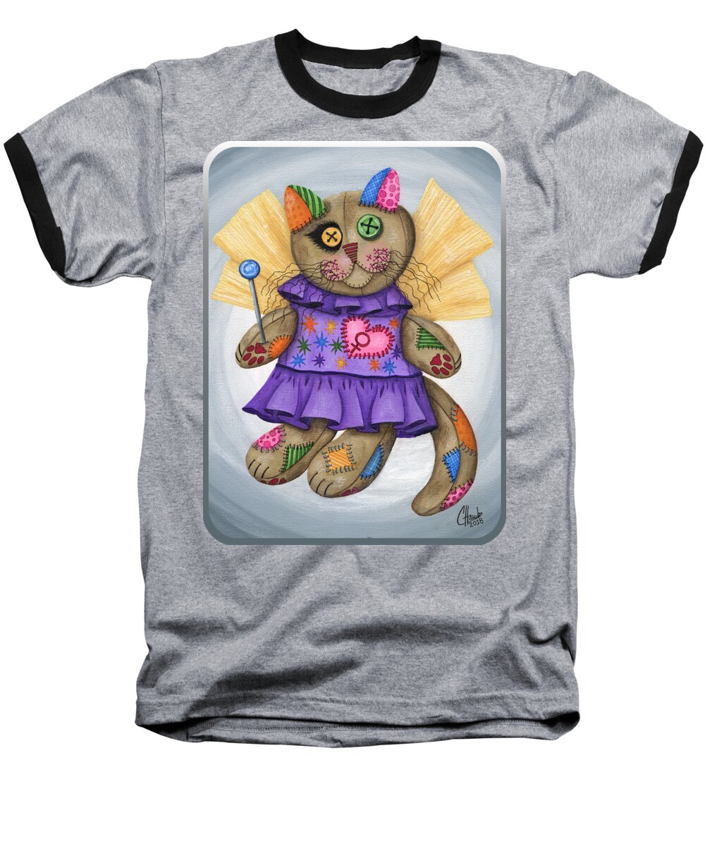 Cat Decor Baseball T-Shirt featuring the painting Voodoo Empress Fairy Cat Doll - Patchwork Cat by Carrie Hawks
