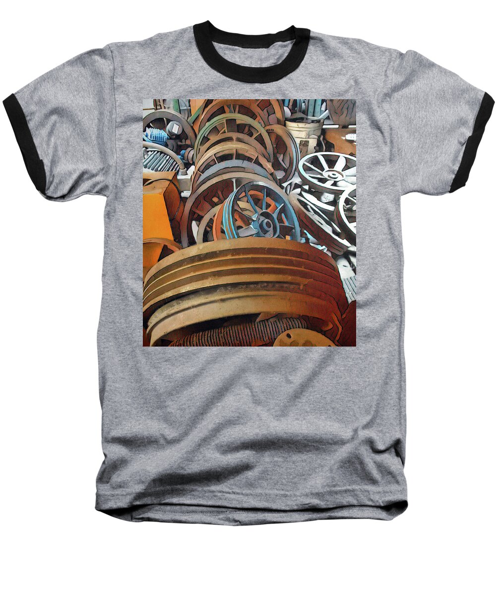 Industrial Baseball T-Shirt featuring the mixed media Wheels by Robert Margetts