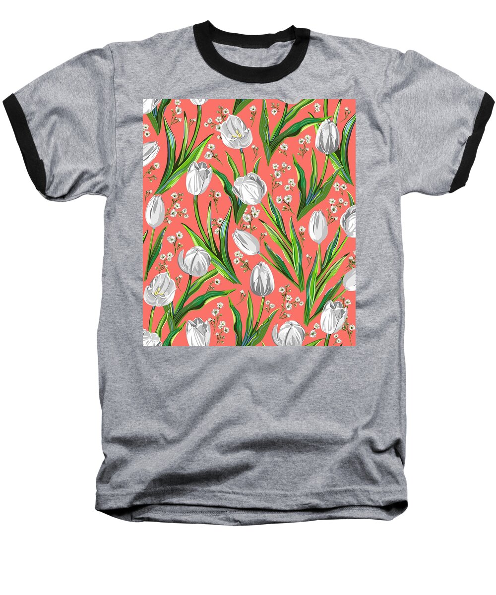 White Tulips Baseball T-Shirt featuring the drawing White Tulips on Living Coral by L Diane Johnson