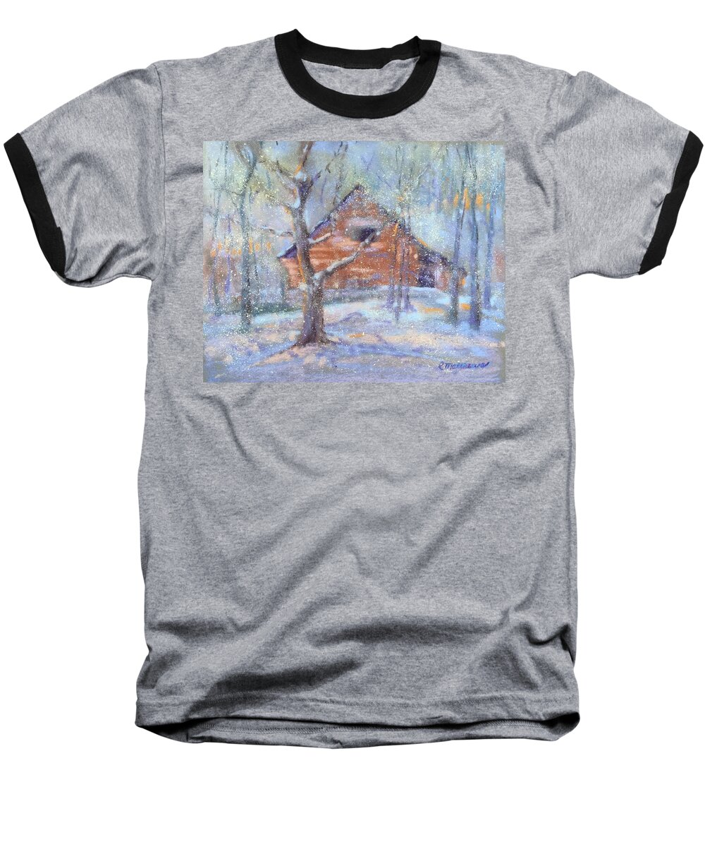 Snow Scene Baseball T-Shirt featuring the pastel Winter at Stars Cave by Rebecca Matthews