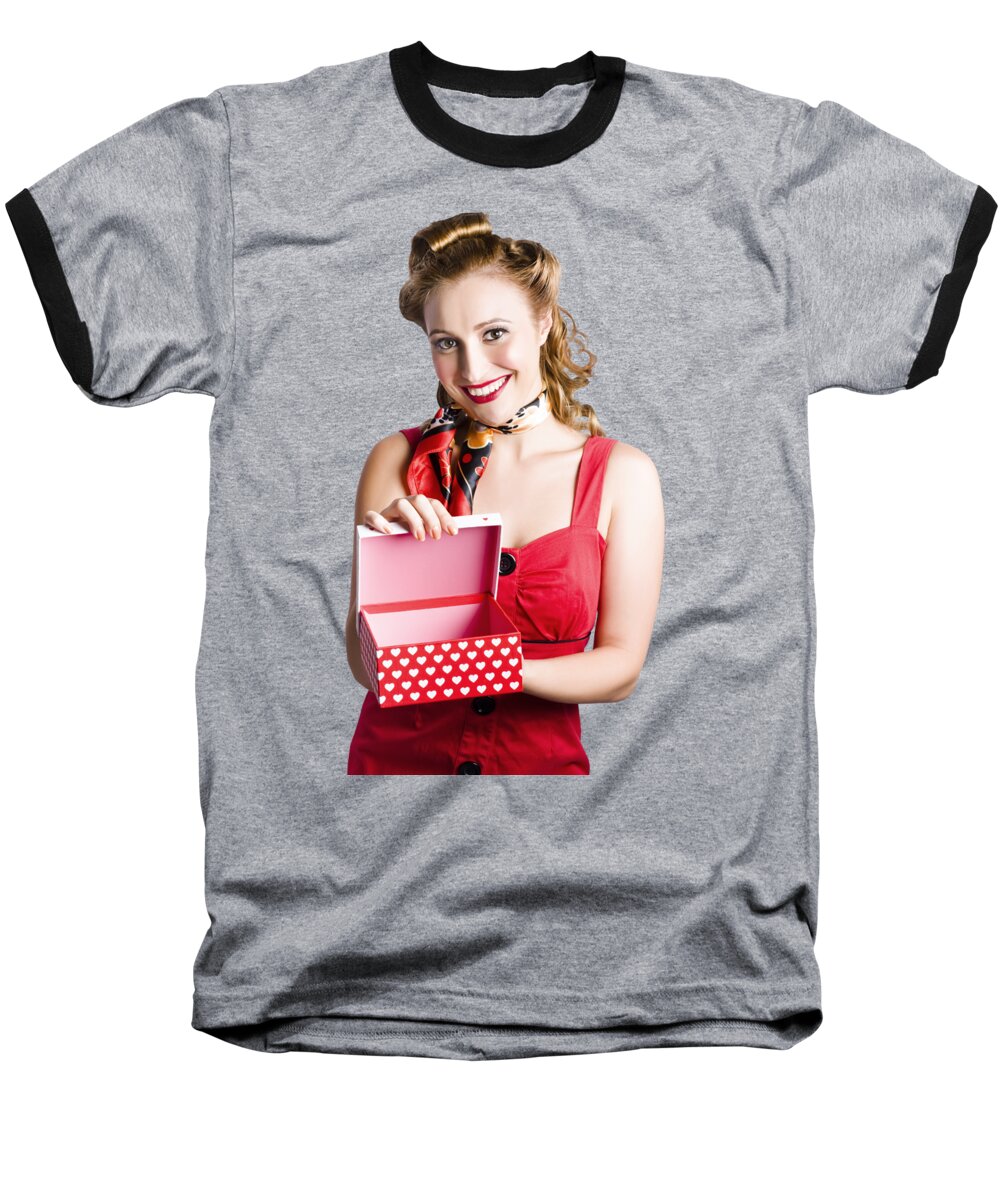 Valentines Day Baseball T-Shirt featuring the photograph Woman holding gift box by Jorgo Photography