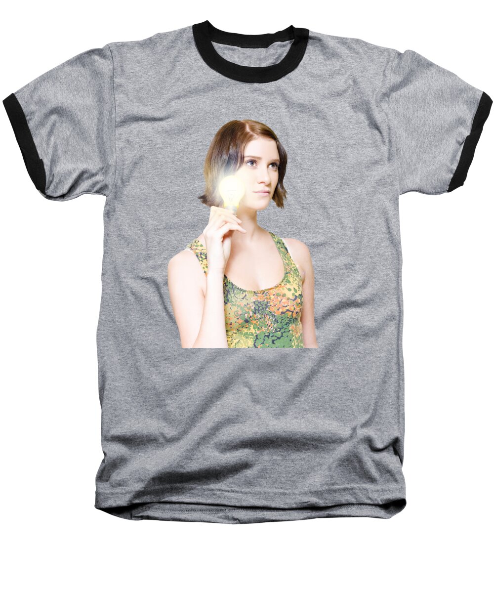 Idea Baseball T-Shirt featuring the photograph Woman With Bright Idea by Jorgo Photography