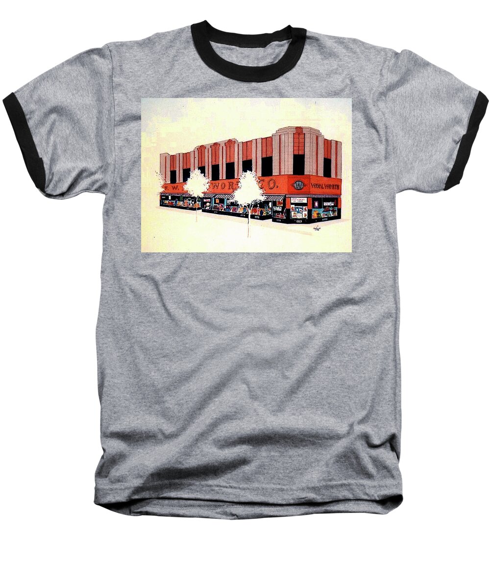 Market Street Baseball T-Shirt featuring the painting Woolworth on Market St. by William Renzulli