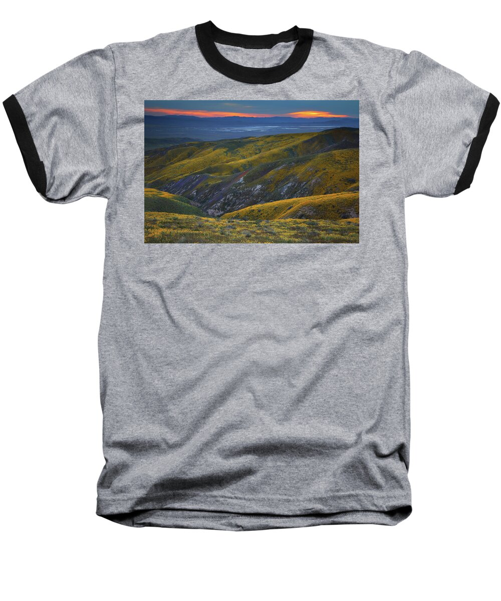 Sunset Baseball T-Shirt featuring the photograph Yellow hills of flowers with Soda Lake at sunset from Carrizo Plain National Monument by Jetson Nguyen