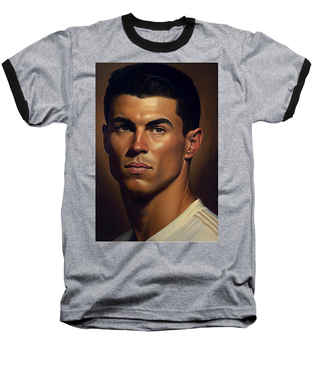 Footbal Star Cristiano Ronaldo Masterful Art Baseball T-Shirt featuring the painting Footbal Star Cristiano Ronaldo masterful photor by Asar Studios #1 by Celestial Images