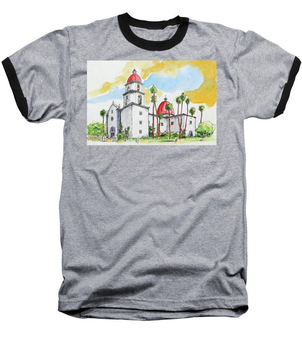 California Baseball T-Shirt featuring the painting Mission San Juan Capistrano #1 by Terry Banderas
