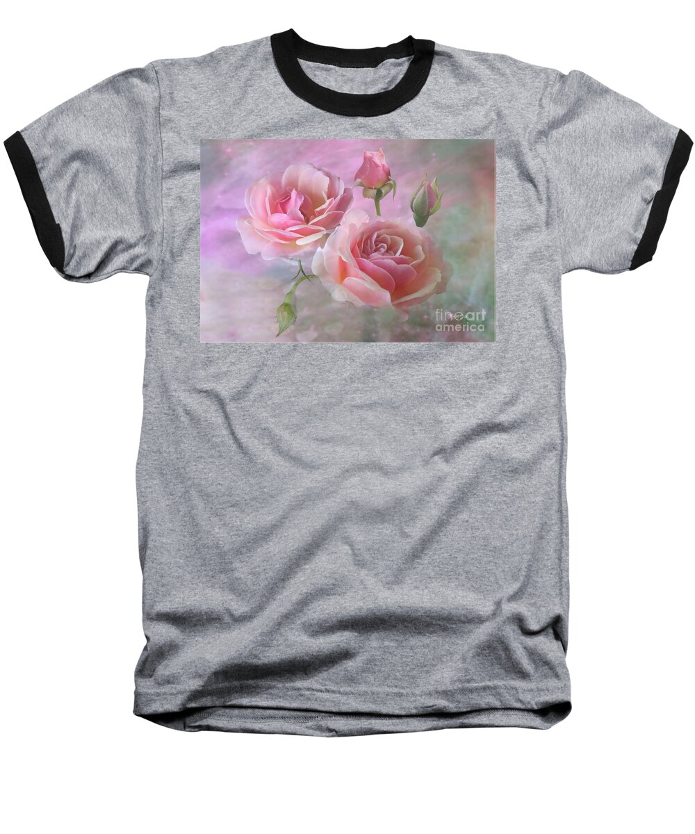Pink Roses Baseball T-Shirt featuring the mixed media Pink Rose Duet by Morag Bates