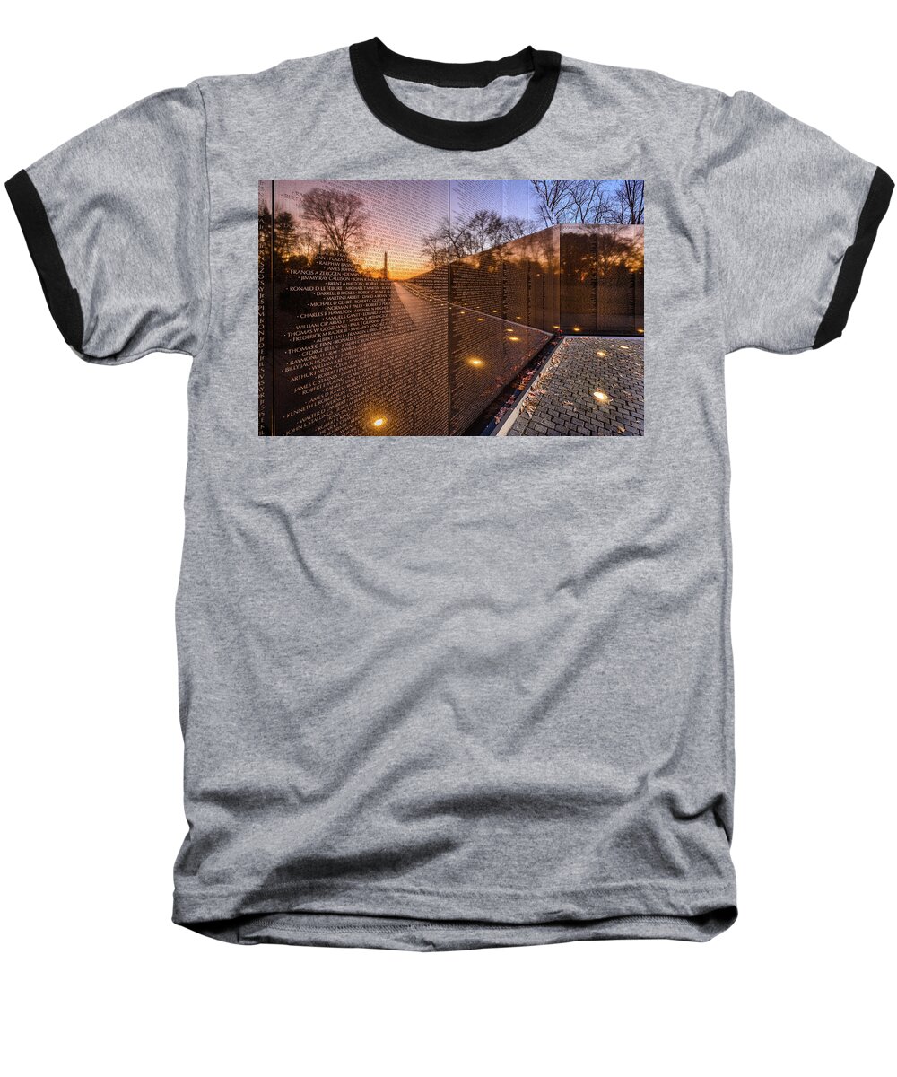 Sunrise Baseball T-Shirt featuring the photograph Sunrise reflections at the Vietnam Veterans Memorial by Robert Miller