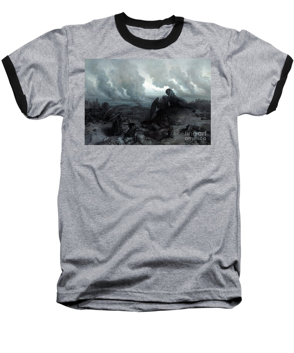 Insurrection; 1871; Burning; Smoke; Fires; Sphinx; Oedipus; Angel; Death; Devastation; Despair; Corpses; Corpse; Panorama; City; View; Destruction; Embrace; Riddle; Statue; Sculpture; Plumes; Cloud Baseball T-Shirt featuring the painting The Enigma, 1871 by Gustave Dore