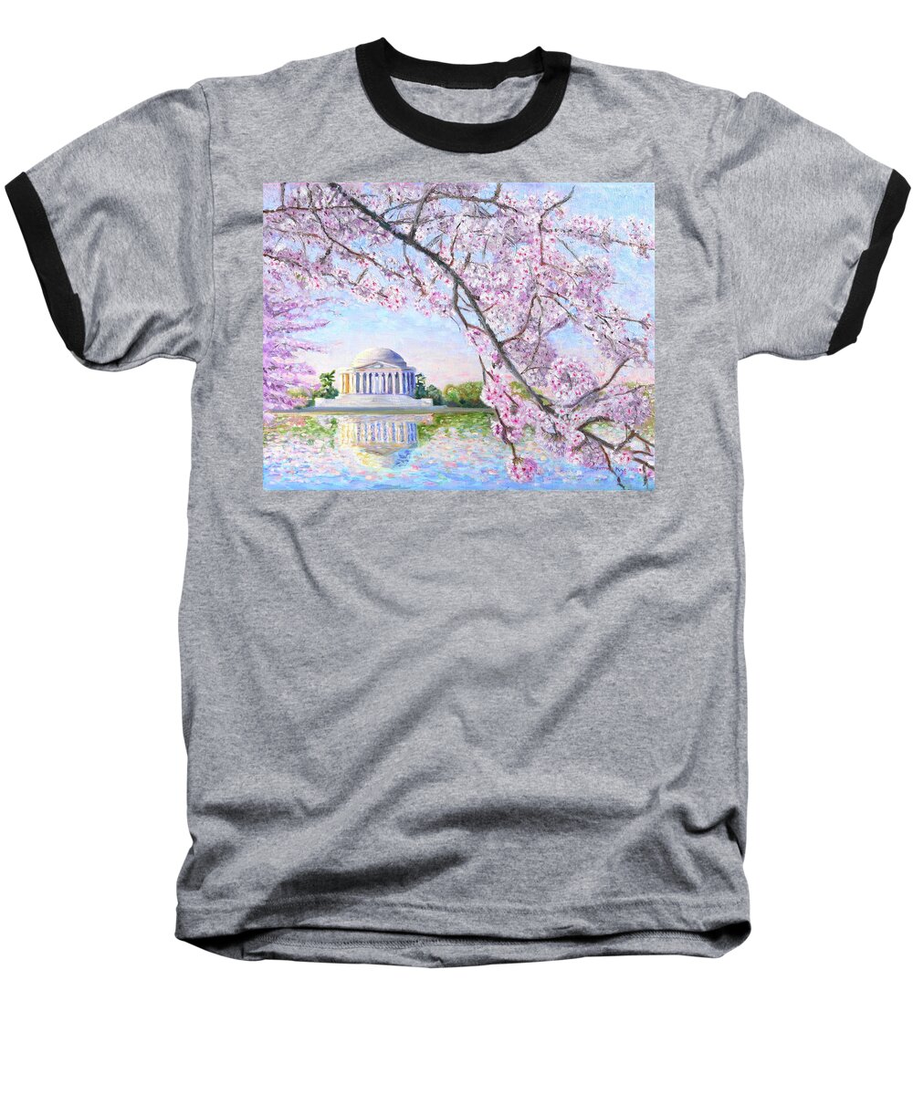 Jefferson Memorial Baseball T-Shirt featuring the painting Washington DC Cherry Blossoms #1 by Patty Kay Hall