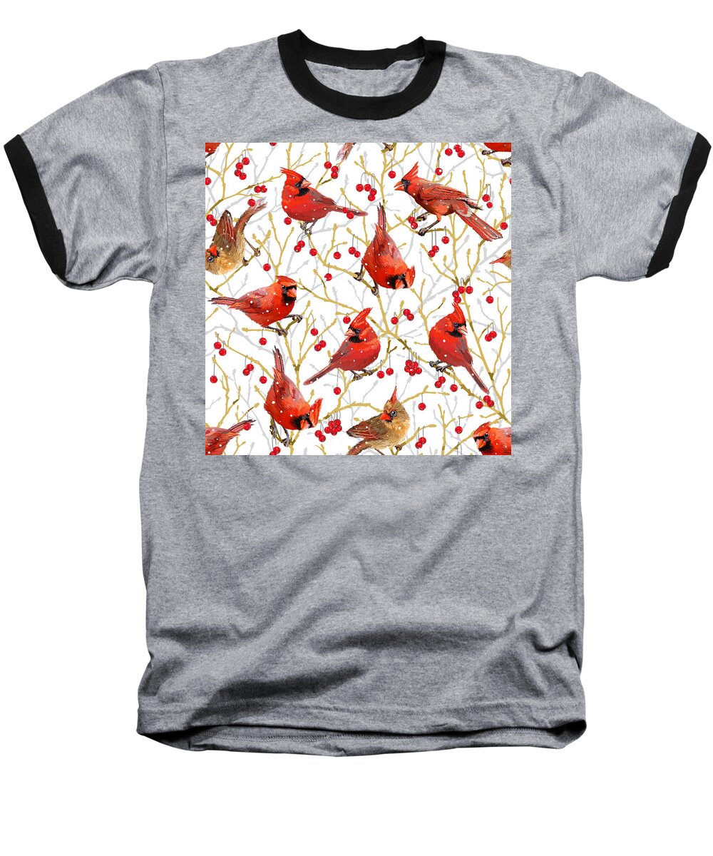 Cardinals Baseball T-Shirt featuring the drawing Winter Cardinals - White #1 by L Diane Johnson