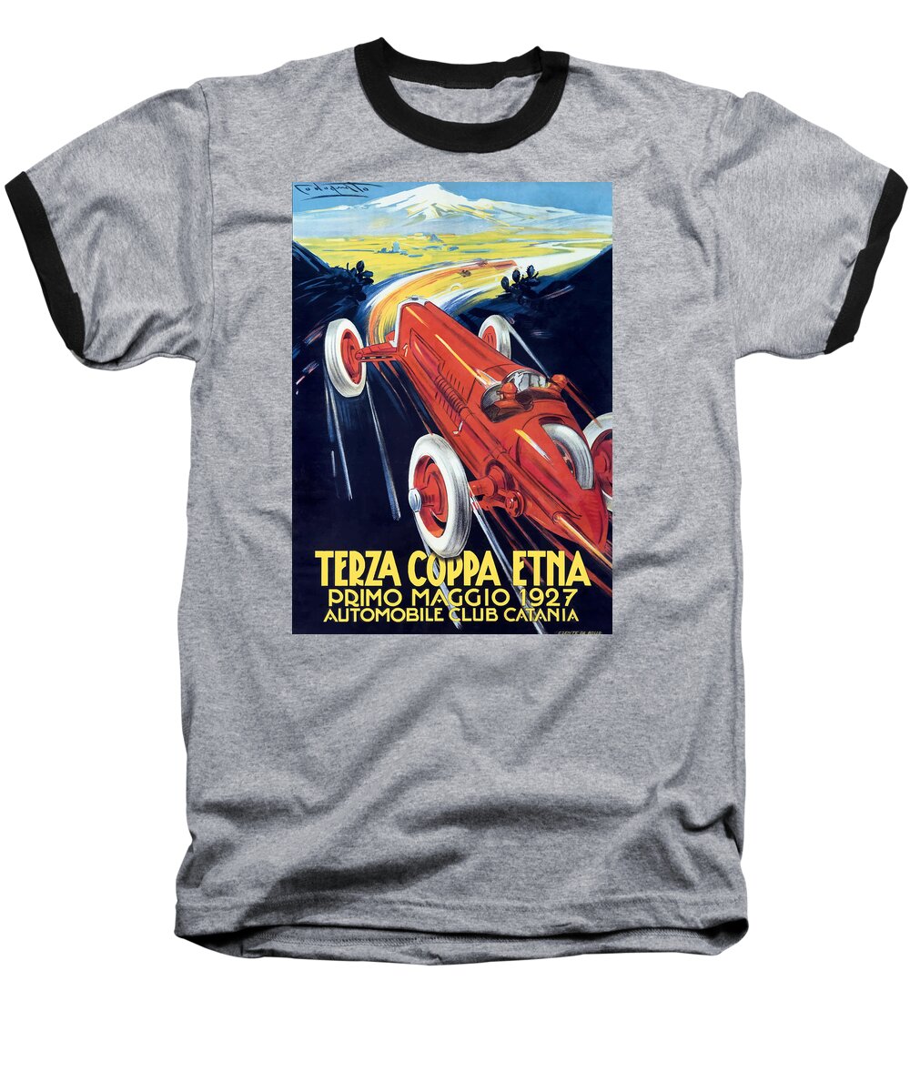 Italy Baseball T-Shirt featuring the digital art 1927 ITALY Coppa Etna Automobile Race Poster by Retro Graphics