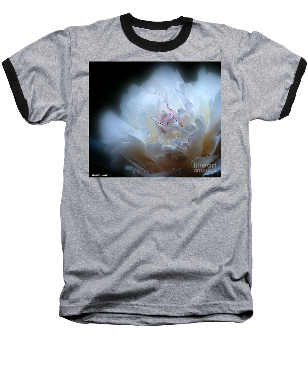 White Flower Macro Black Background Glowing Fringe Baseball T-Shirt featuring the mixed media Angelic #2 by Elfriede Fulda