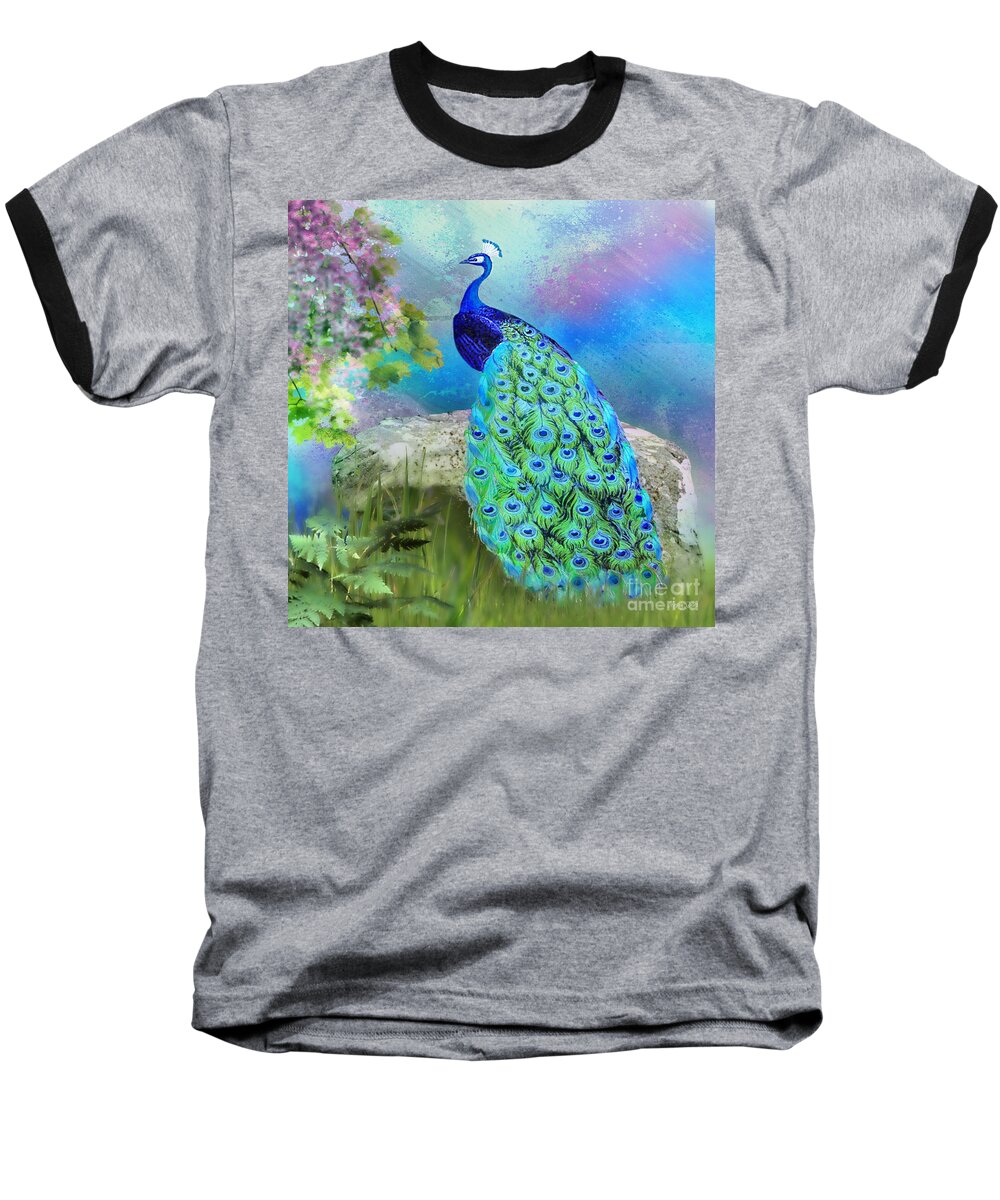 Peacock Baseball T-Shirt featuring the digital art Proud Peacock #2 by Morag Bates