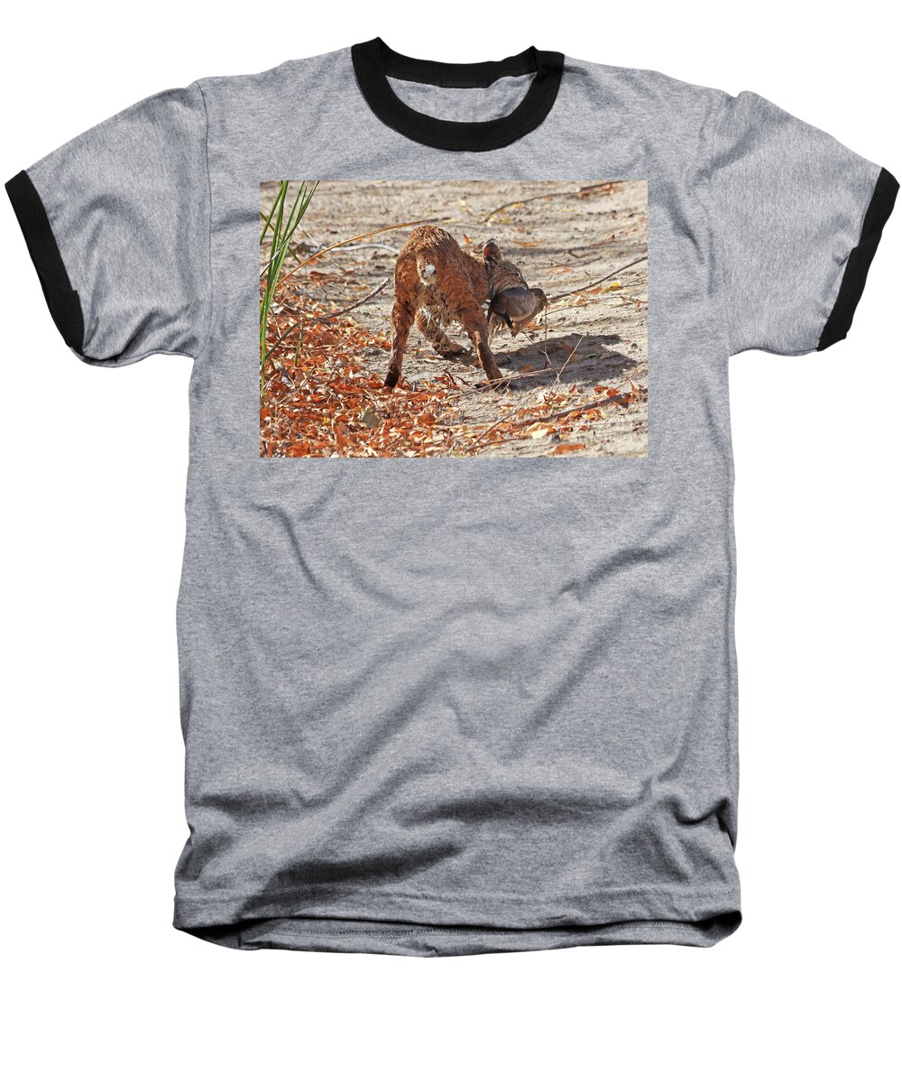 Bobcat Baseball T-Shirt featuring the photograph Bobcat with Prey #3 by Paula Guttilla