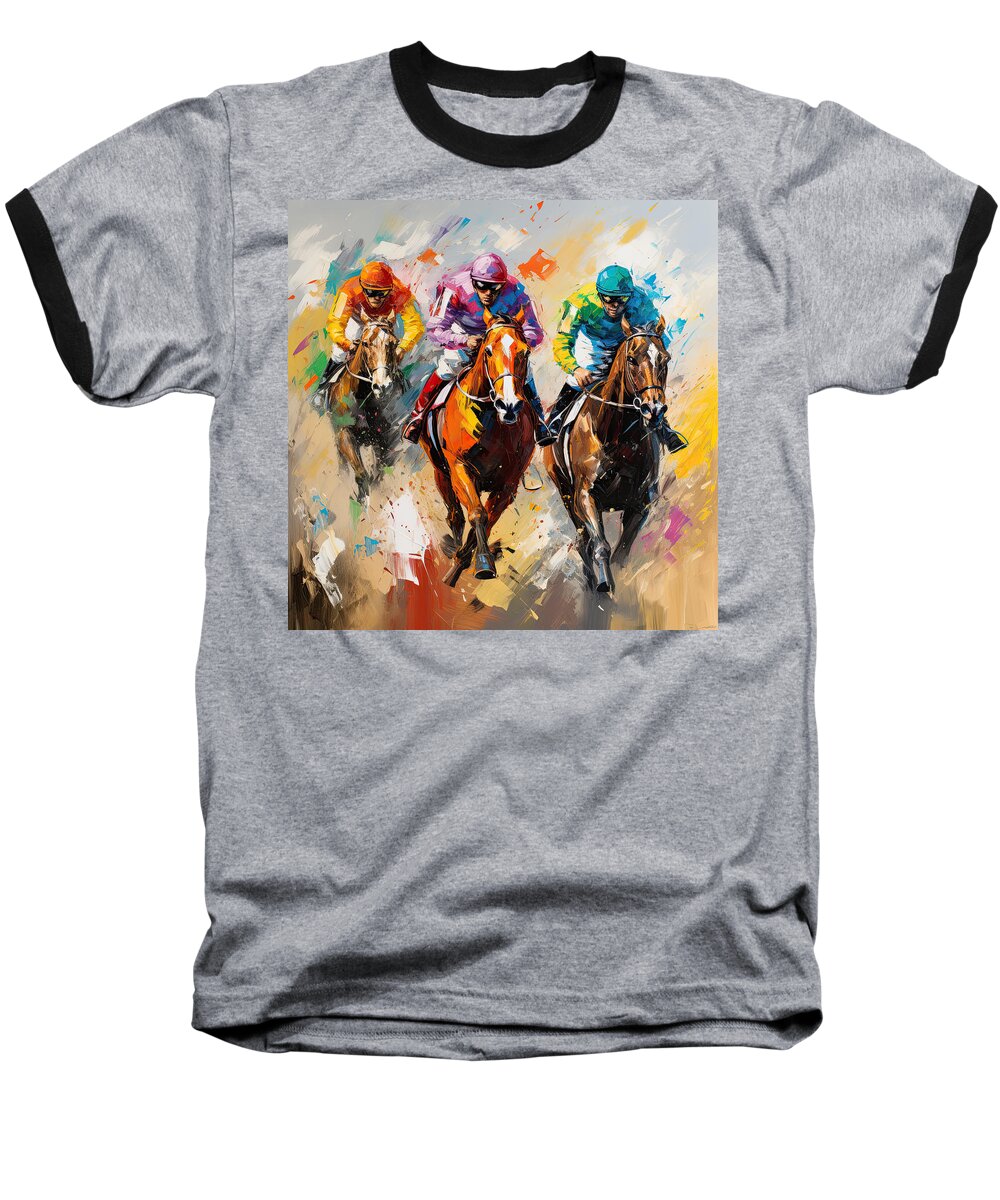 Horse Racing Baseball T-Shirt featuring the painting A Kaleidoscope of Color by Lourry Legarde