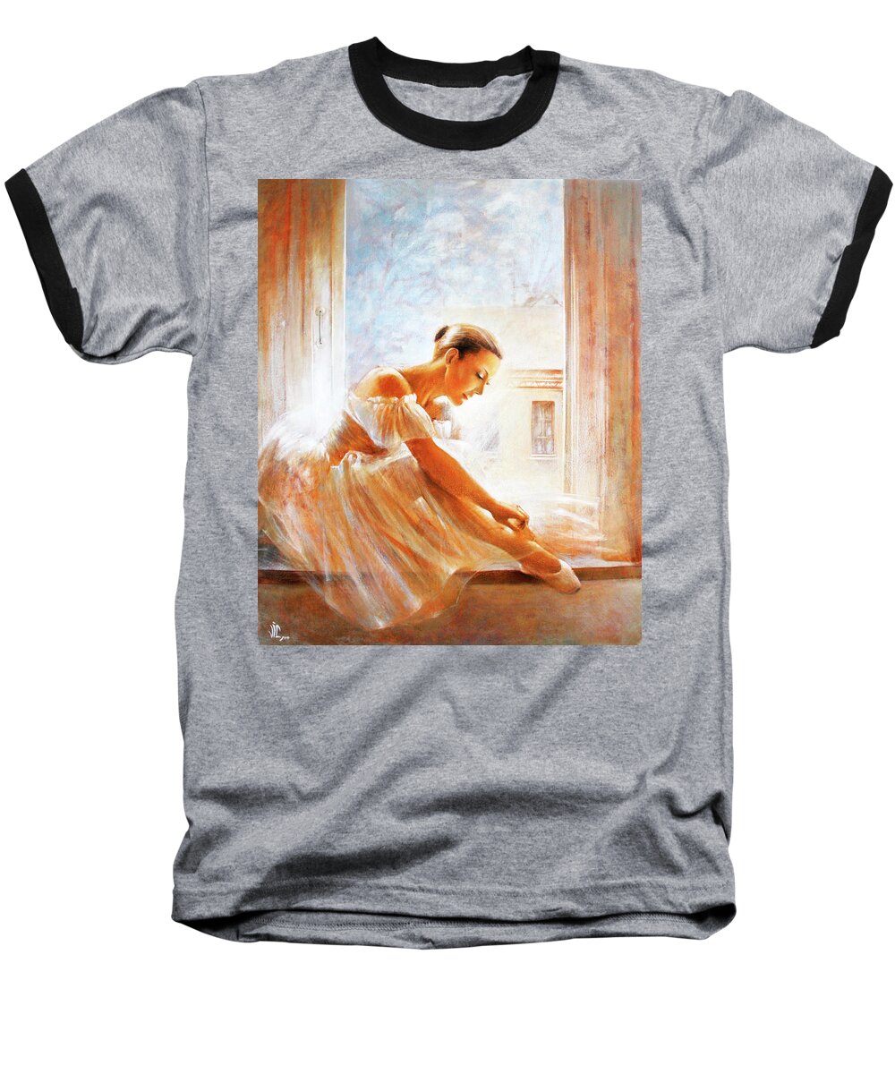 Ballerina Baseball T-Shirt featuring the painting A new day Ballerina dance by Vali Irina Ciobanu