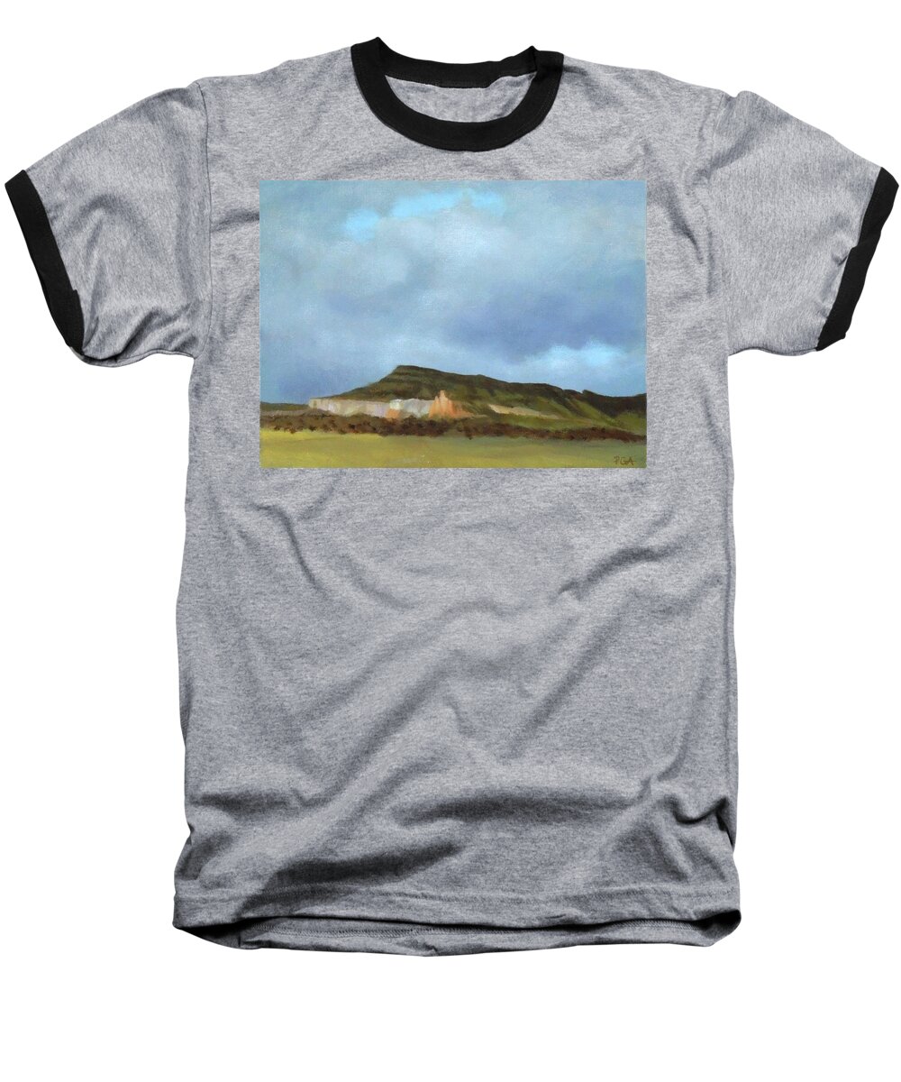 New Mexico Baseball T-Shirt featuring the painting A Wintry Day in Abiquiu by Phyllis Andrews