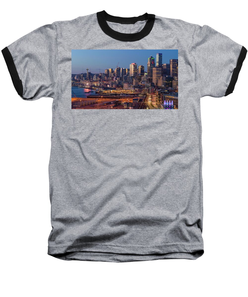 Seattle Baseball T-Shirt featuring the photograph Aerial Seattle Night Waterfront Space Needle and Wheel by Mike Reid