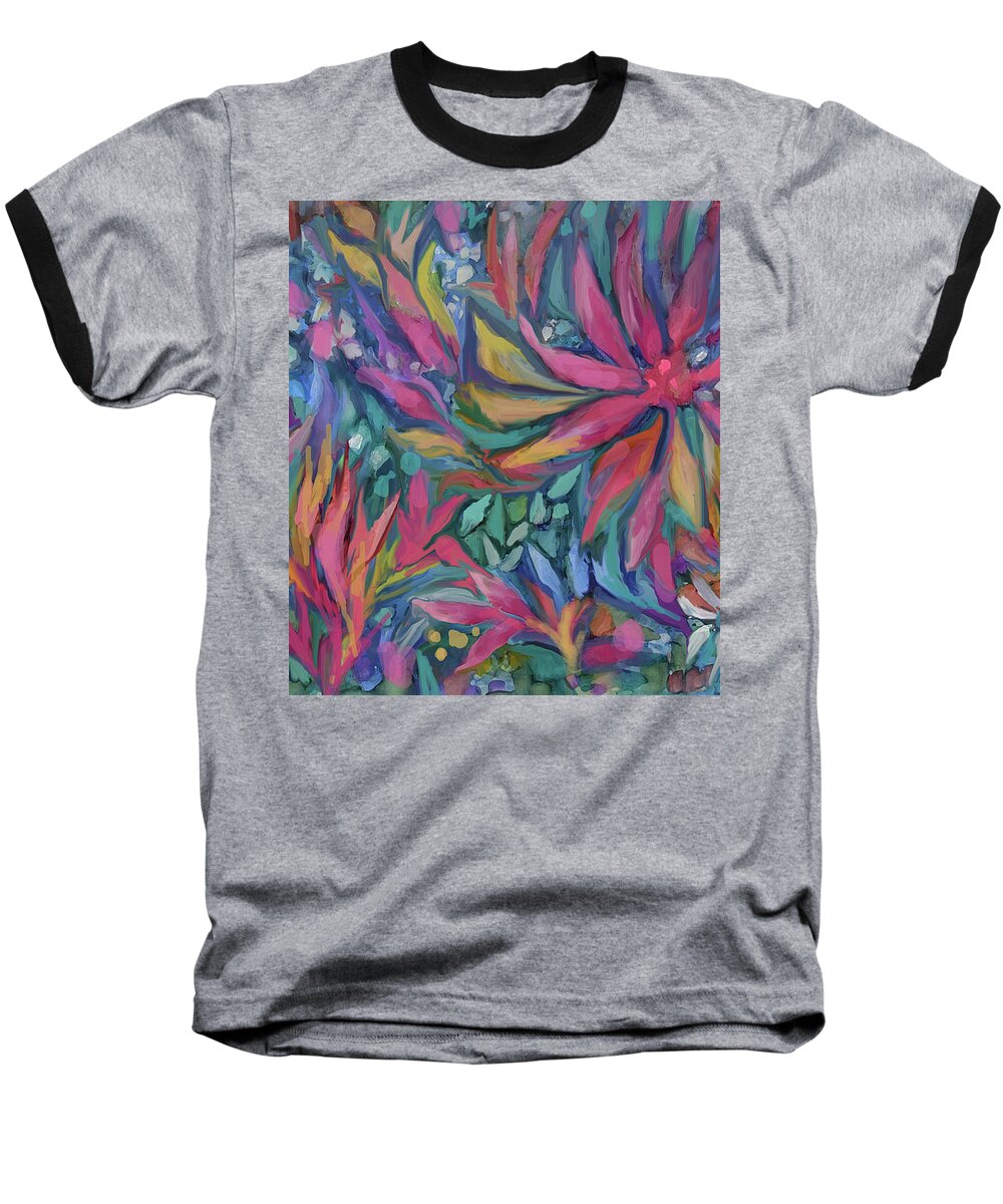 Colorful Flowers Baseball T-Shirt featuring the painting After the Rain by Jean Batzell Fitzgerald