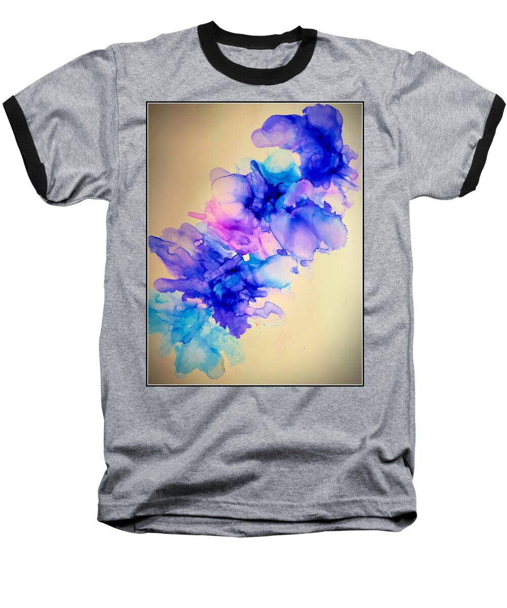  Alcohol Ink Painting Baseball T-Shirt featuring the painting Alcohol Ink Blue Floral Abstract by Femina Photo Art By Maggie