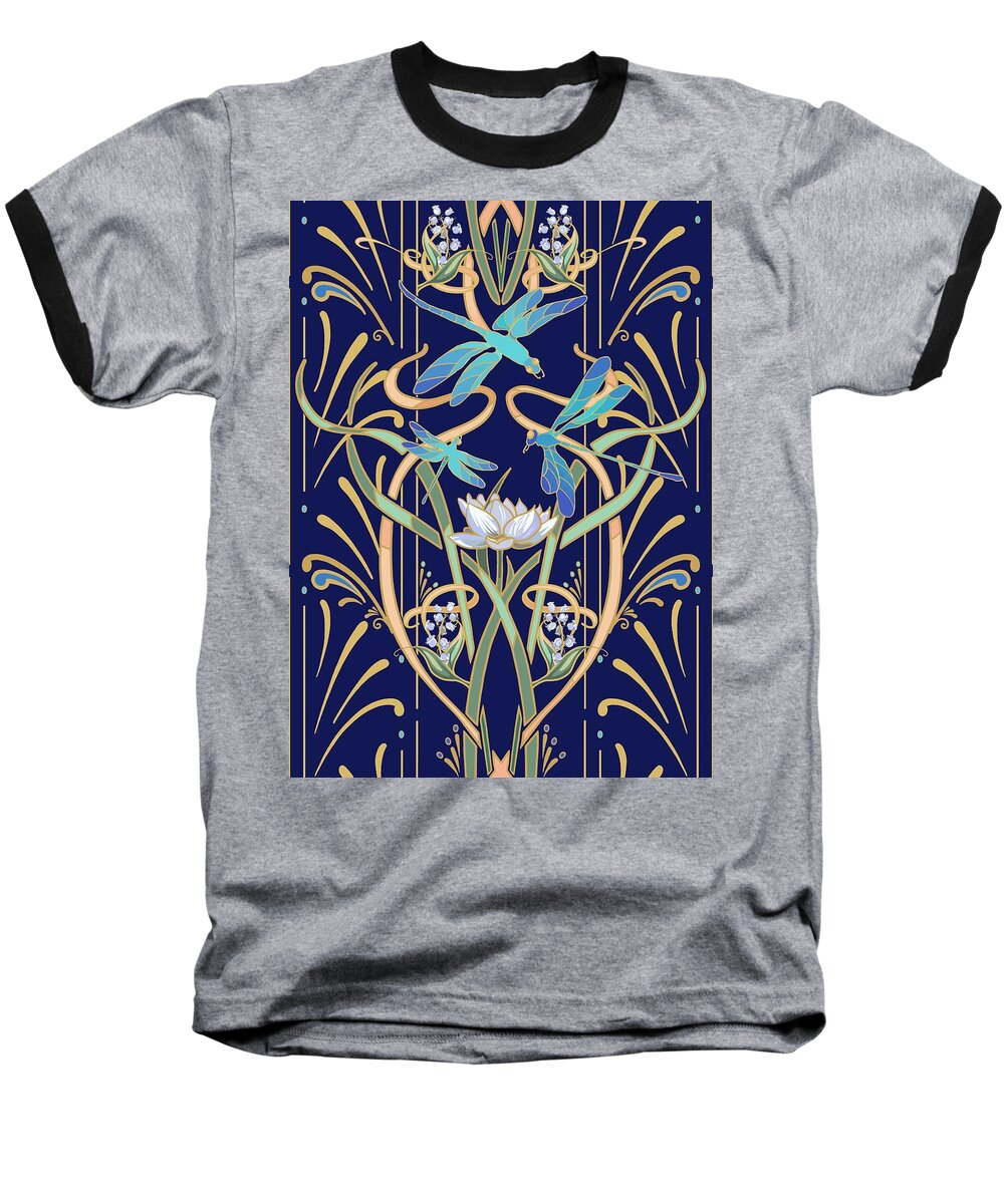 Art Nouveau Baseball T-Shirt featuring the painting Art Nouveau Dragonfly Pattern by L Diane Johnson