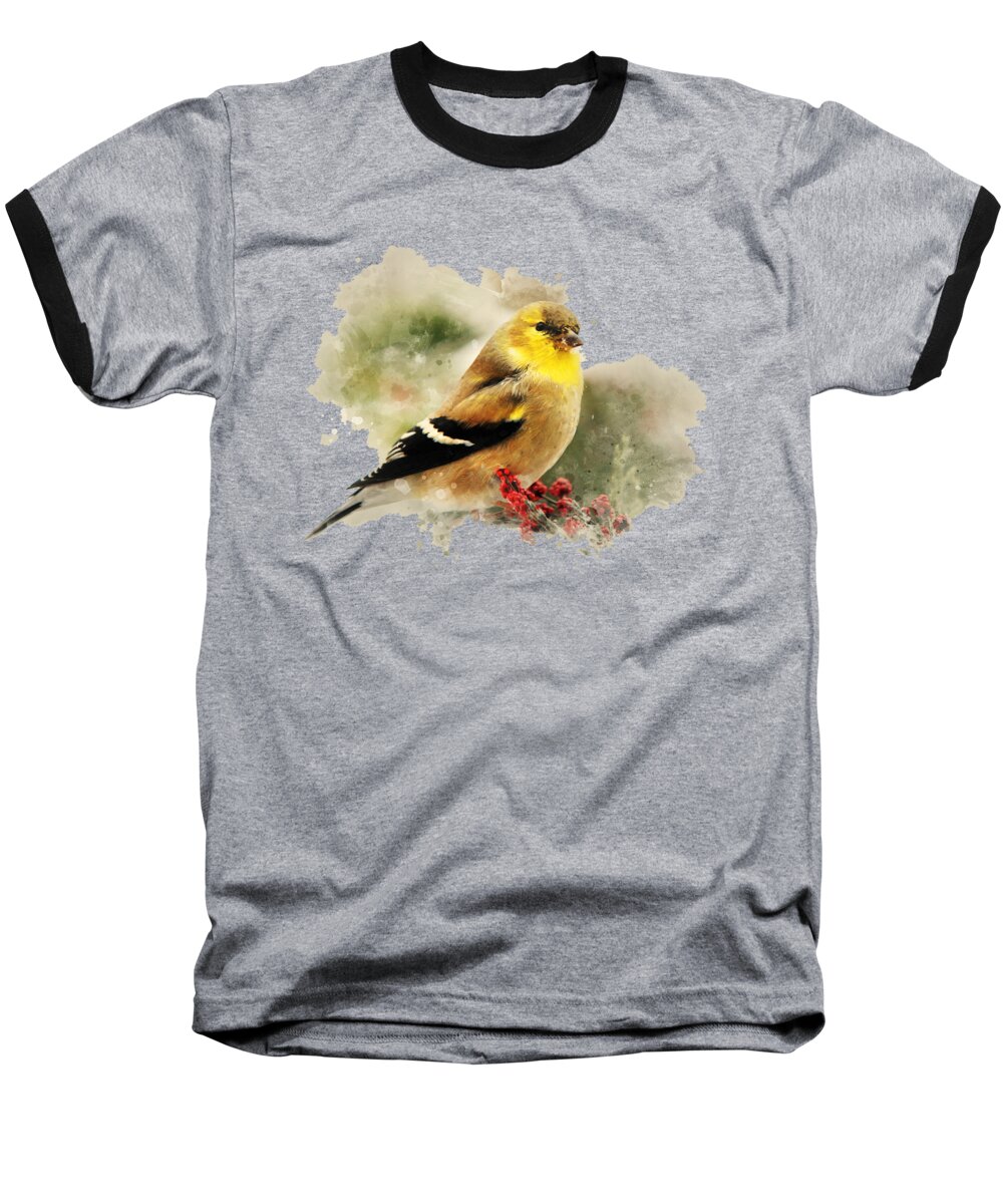 Goldfinch Baseball T-Shirt featuring the mixed media Goldfinch Watercolor Art by Christina Rollo