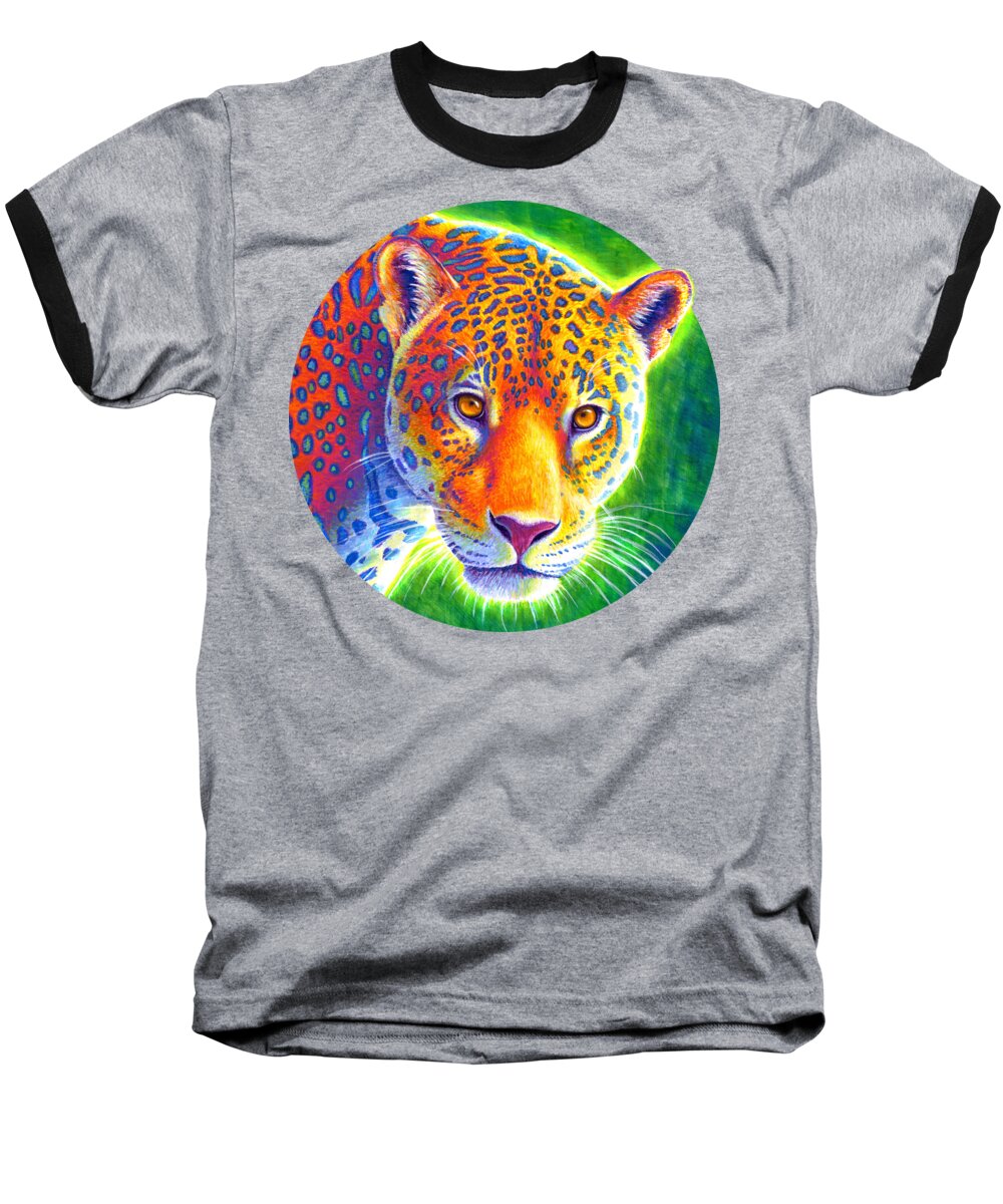 Jaguar Baseball T-Shirt featuring the painting Light in the Rainforest - Jaguar by Rebecca Wang