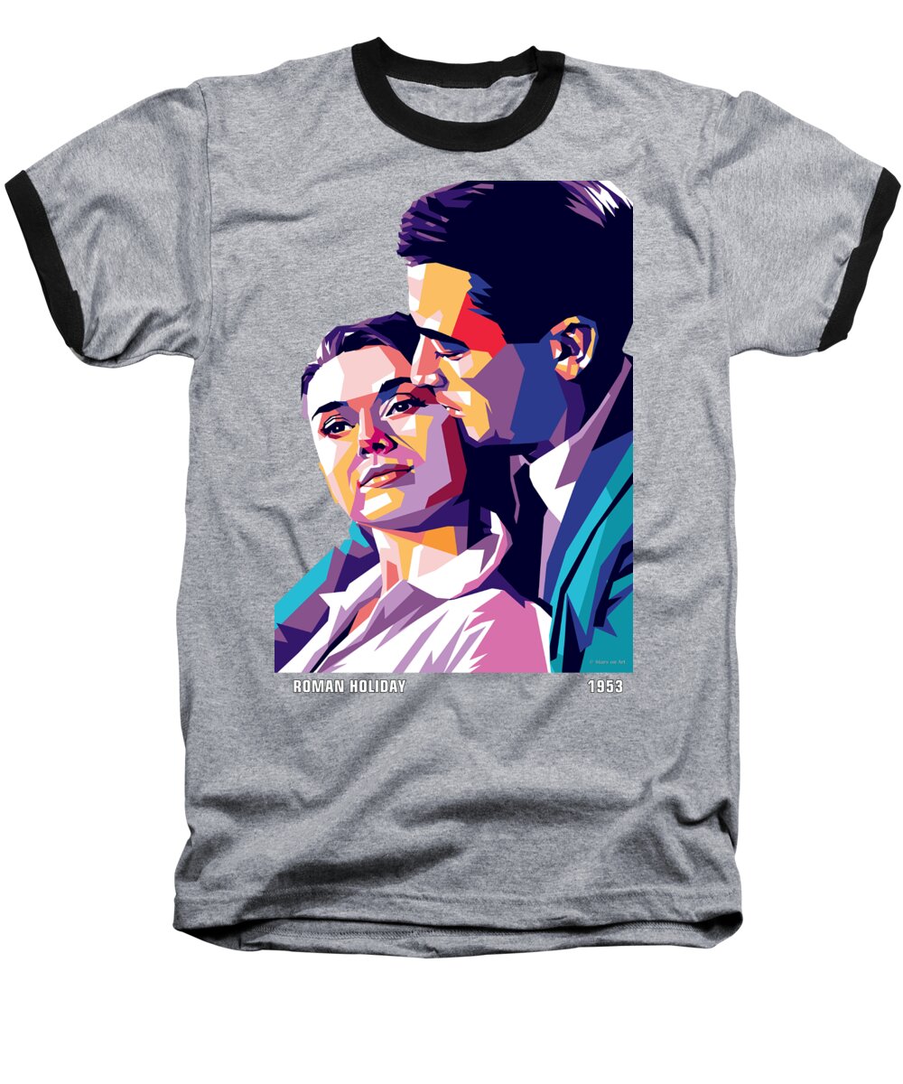 Synopsis Baseball T-Shirt featuring the digital art Audrey Hepburn and Gregory Peck, ''Roman Holiday'', with synopsis by Movie World Posters