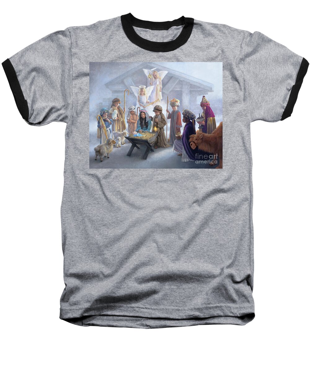 Nativity Baseball T-Shirt featuring the painting Away in a Manger by Greg Olsen