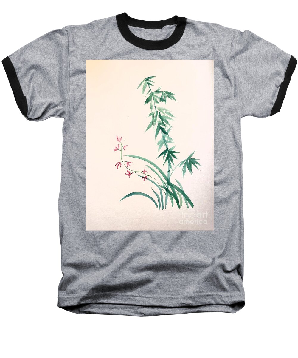  Baseball T-Shirt featuring the painting Bamboo and Orchid by Margaret Welsh Willowsilk