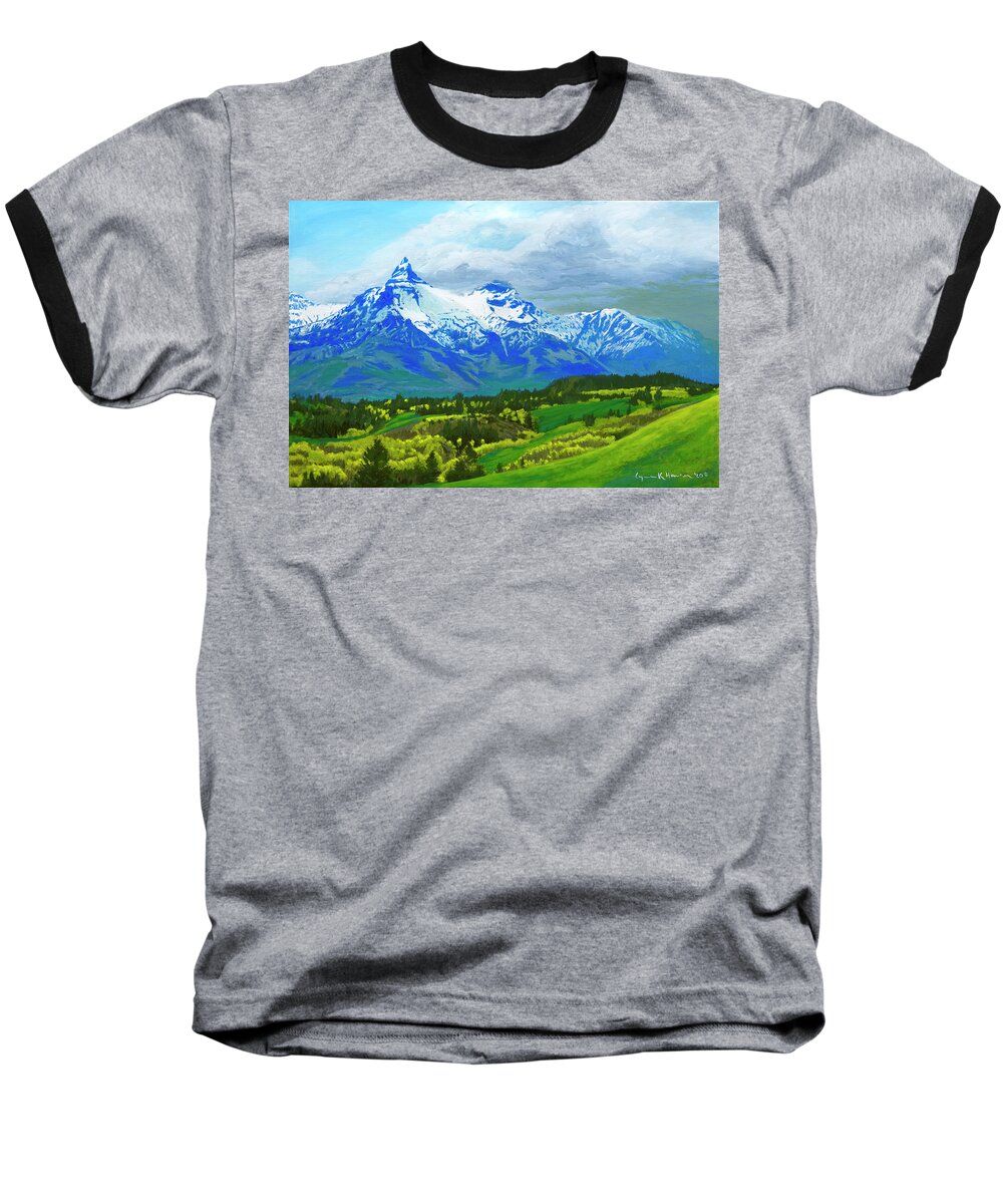 Mountain Baseball T-Shirt featuring the painting Pilot Peak in the Bear Tooth Mountains by Lynn Hansen