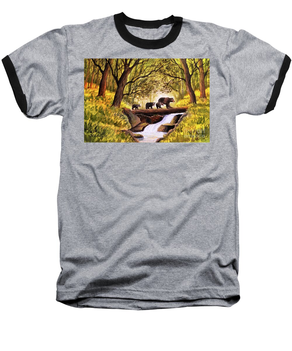 Brown Bears Baseball T-Shirt featuring the painting Bears Crossing At Waterfall Creek by Bill Holkham