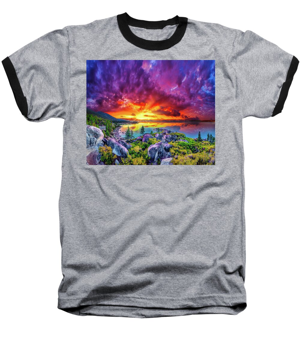 Beautiful Baseball T-Shirt featuring the photograph Beautiful Purple Sunset Rocky Lake Tahoe by Eszra Tanner