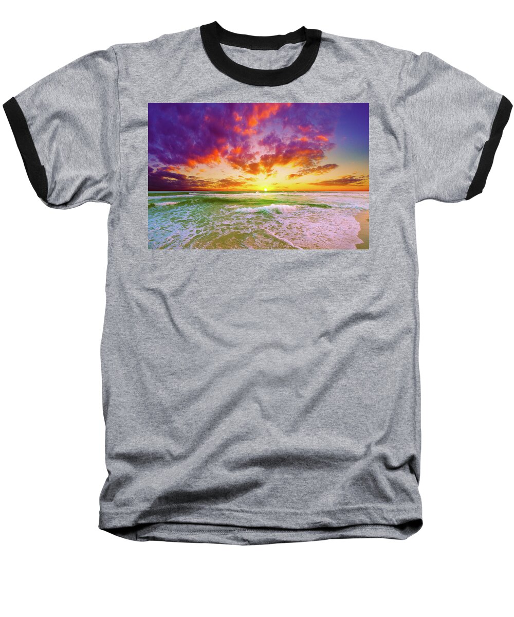 Art Baseball T-Shirt featuring the photograph Beautiful Red Pink Purlple Green Sunset Waves by Eszra Tanner