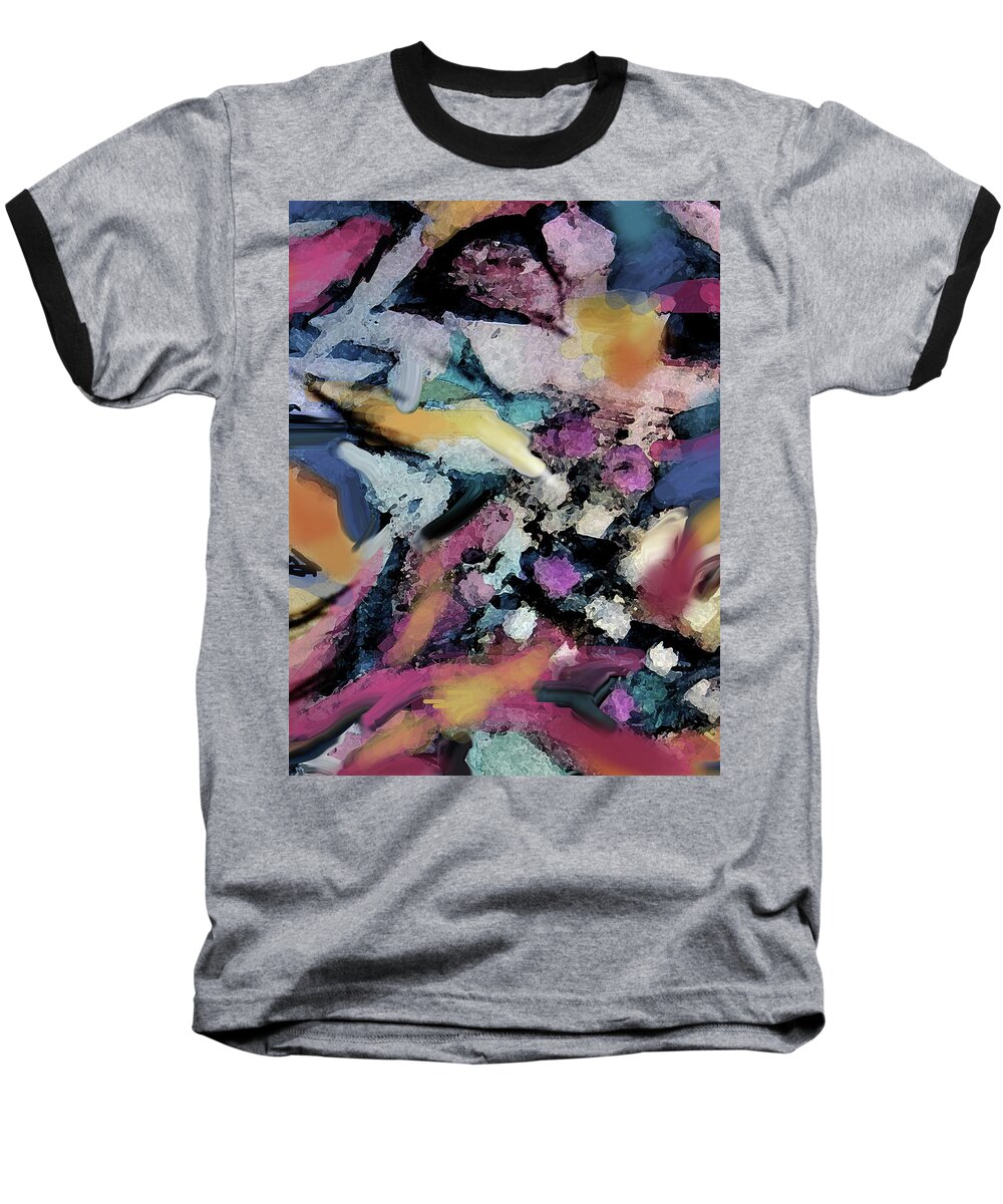 Colorful Abstract Baseball T-Shirt featuring the mixed media Bed of Leaves by Jean Batzell Fitzgerald