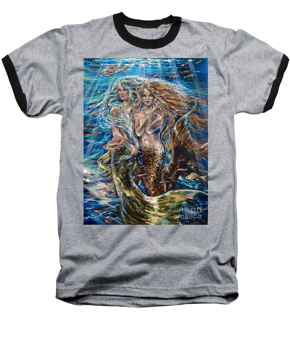 Mermaid Baseball T-Shirt featuring the painting Best Friends by Linda Olsen