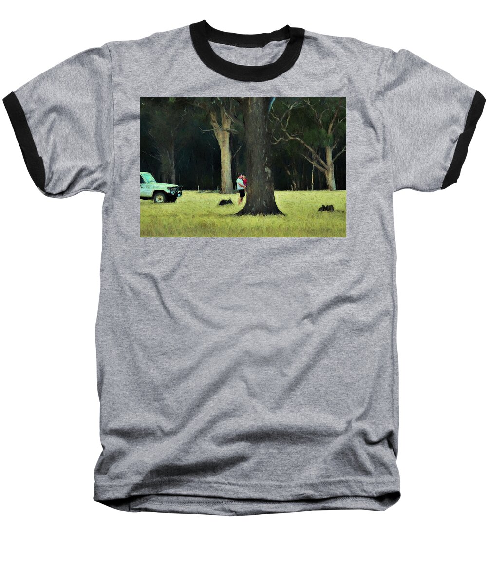 View Baseball T-Shirt featuring the mixed media Big Gums on the Farm by Joan Stratton