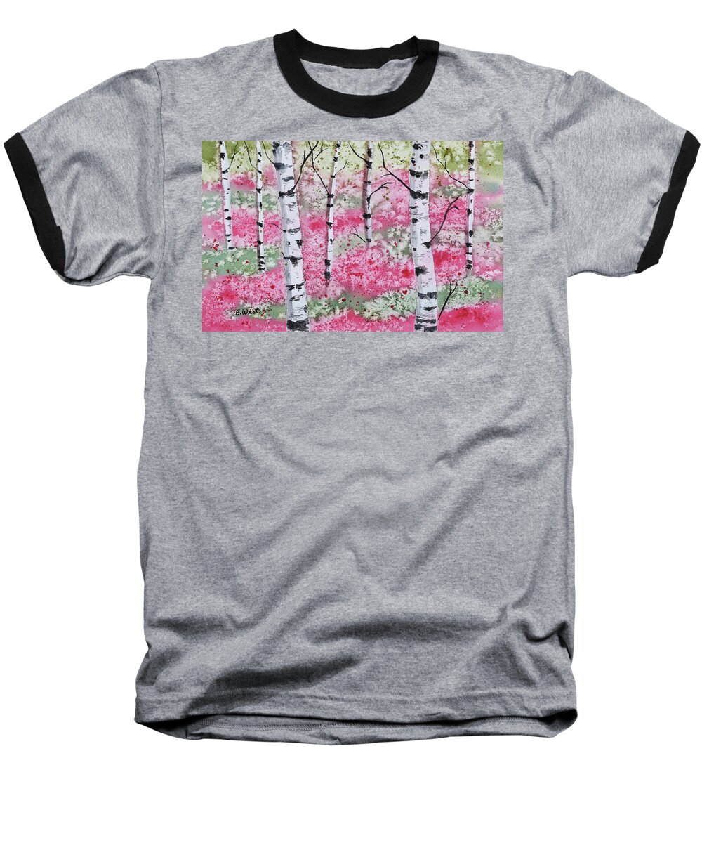 Watercolor Baseball T-Shirt featuring the painting Birch Trees and Pink Flowers by Barbara West