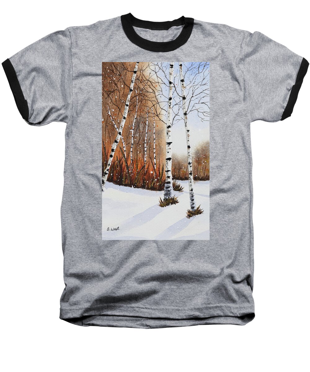 Watercolor Baseball T-Shirt featuring the painting Birch Trees in Winter by Barbara West