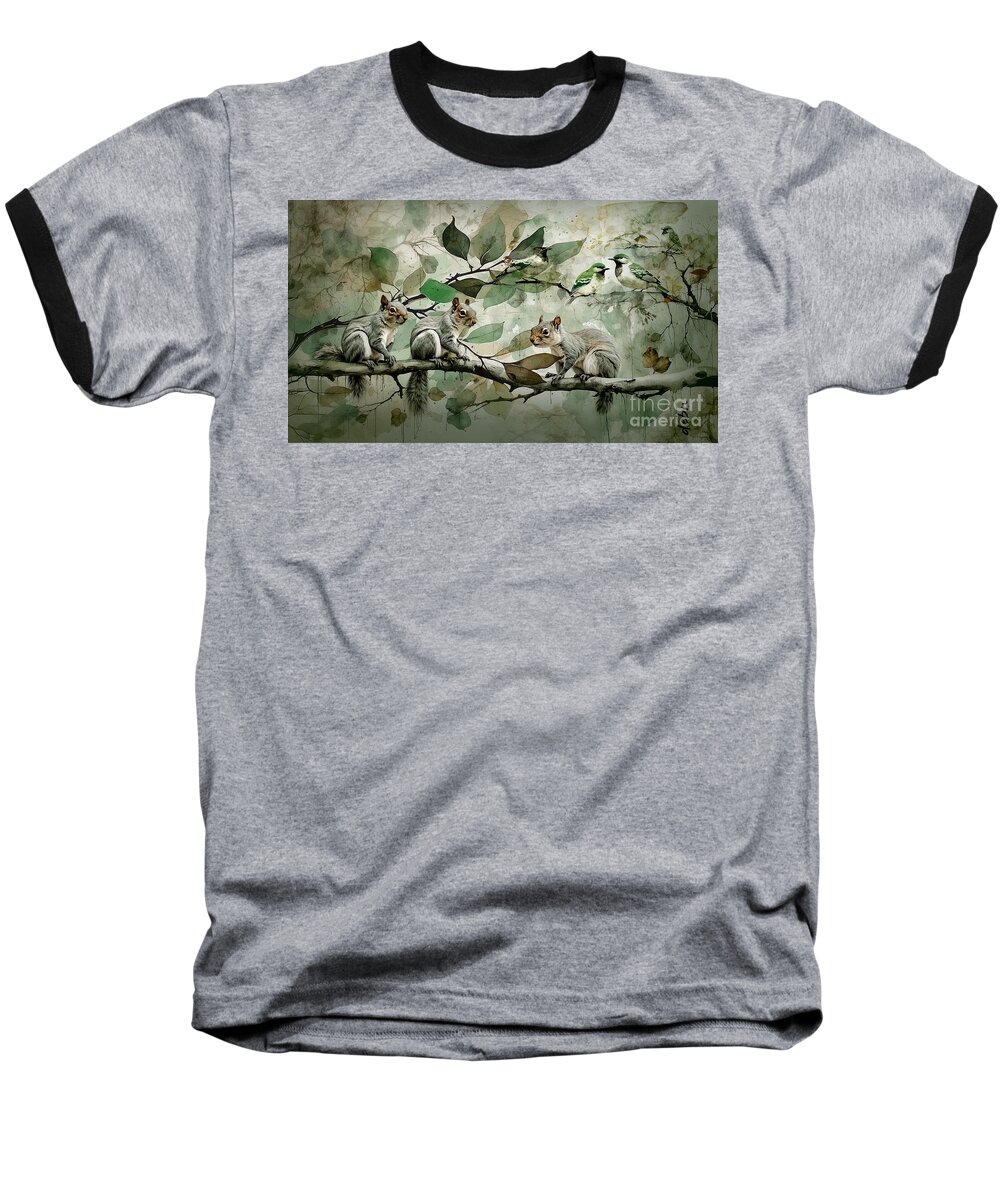 Squirells Baseball T-Shirt featuring the digital art Birds and Squirrels by Deb Nakano