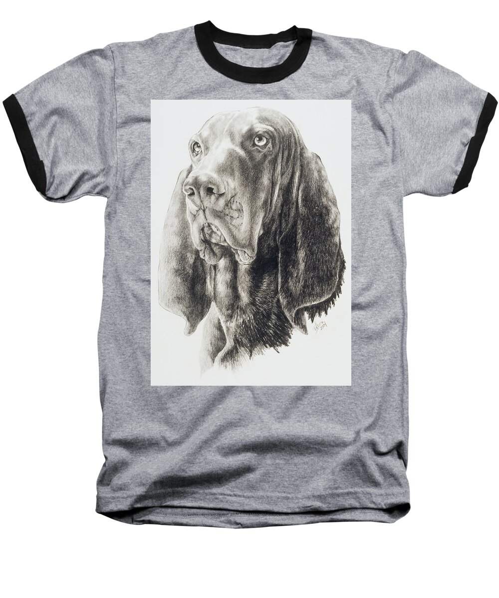 Purebred Dogs Baseball T-Shirt featuring the drawing Black and Tan Coonhound in Graphite by Barbara Keith