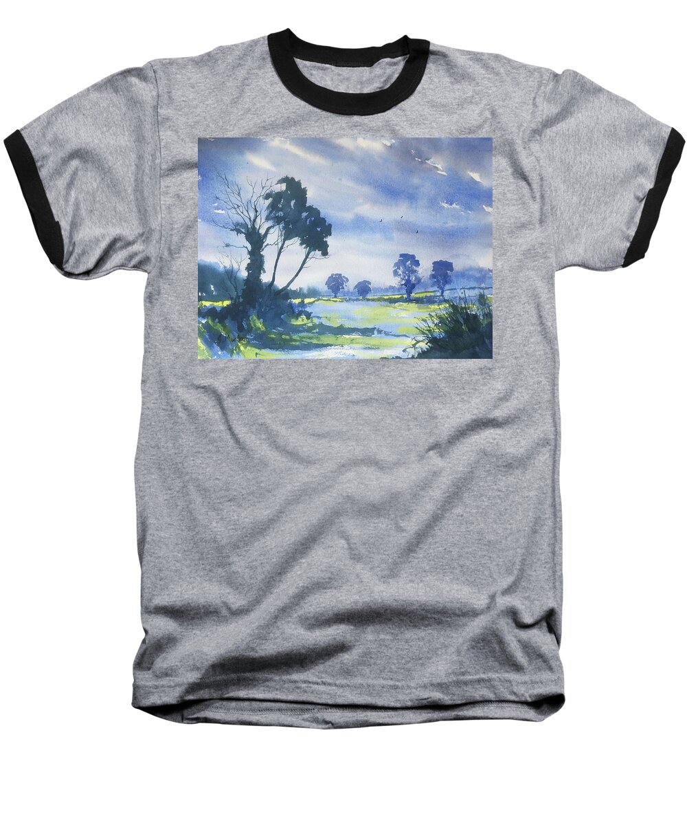 Watercolour Baseball T-Shirt featuring the painting Blue Light on the Yorkshire Wolds by Glenn Marshall