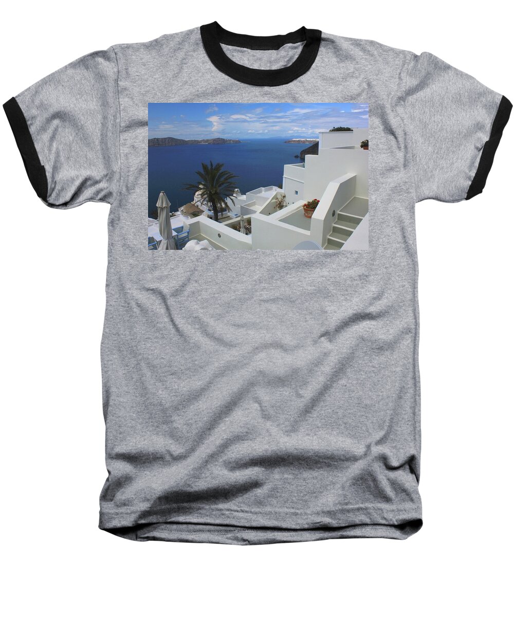 Santorini Baseball T-Shirt featuring the photograph Blue Mediterranean and Volcanic Cliffs by Daniel Koglin