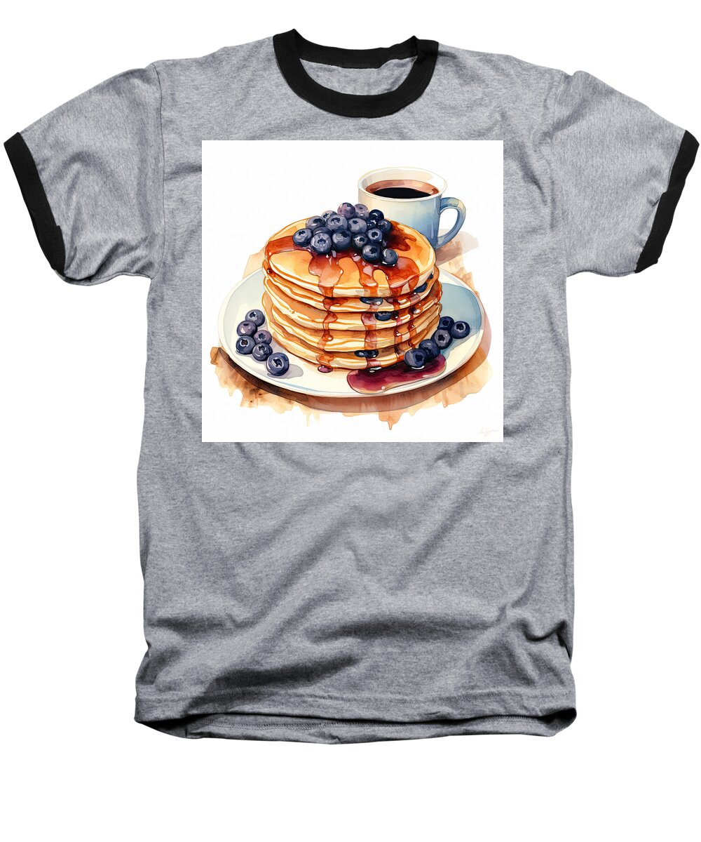 Pancake Art Baseball T-Shirt featuring the digital art Blueberry Pancakes - Blueberry Pancakes and Coffee by Lourry Legarde