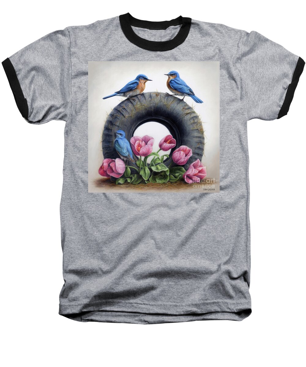 Bluebirds Baseball T-Shirt featuring the painting Bluebirds On The Tire by Tina LeCour