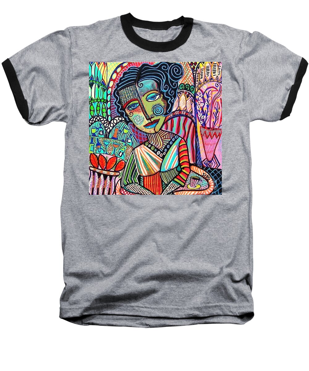 Folk Baseball T-Shirt featuring the painting Bohemian Wine Cafe Woman by Sandra Silberzweig