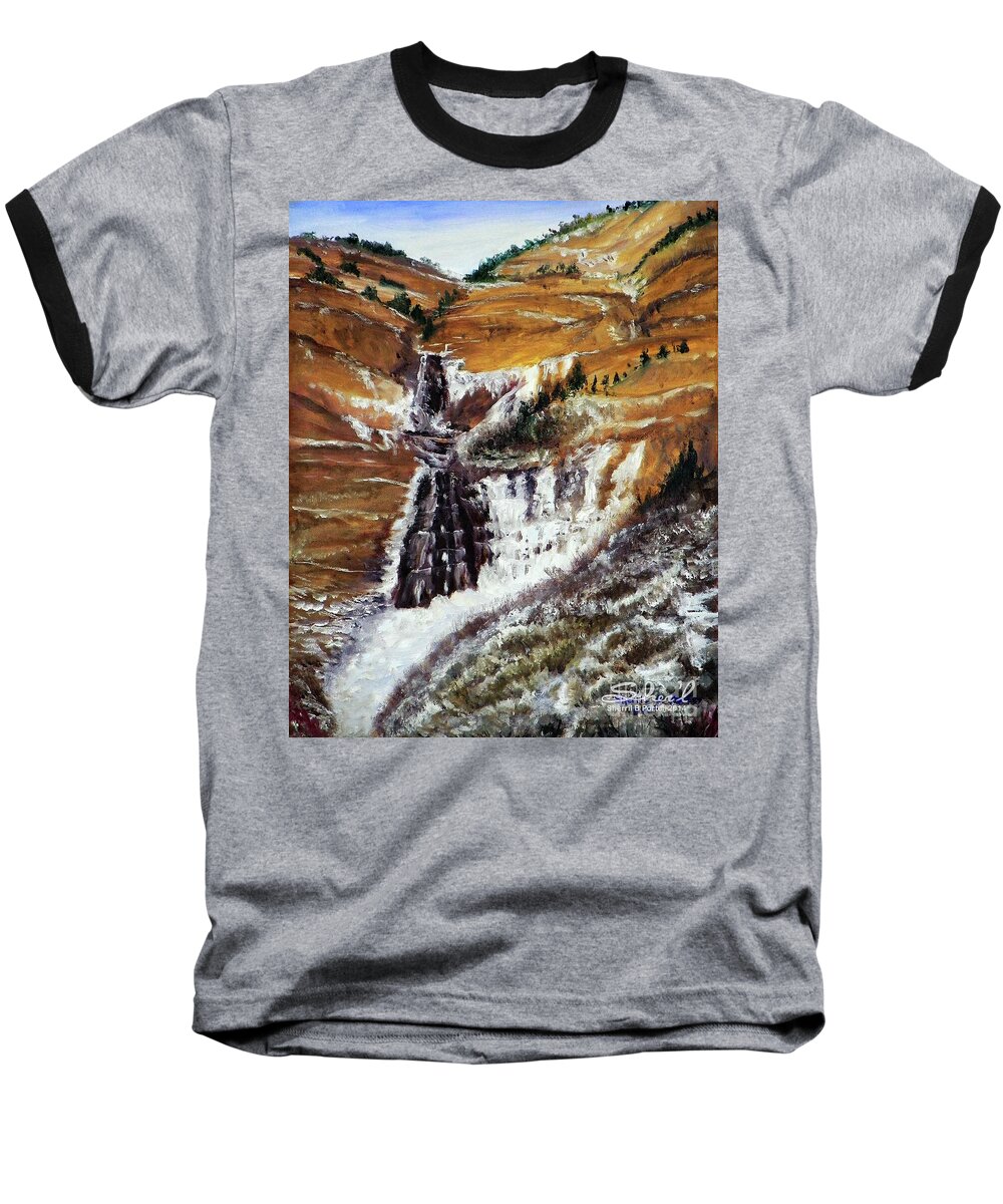 Sherril Porter Baseball T-Shirt featuring the painting Bridal Veil Falls in Winter by Sherril Porter