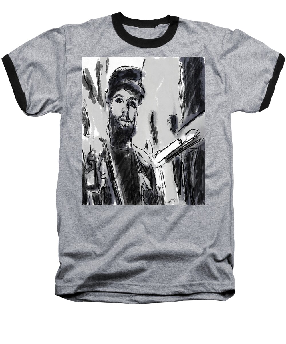 Bw Portrait Baseball T-Shirt featuring the painting Bw portrait study sketch for construction Architectureworker male life drawing pen ink wash on paper by Mendyz