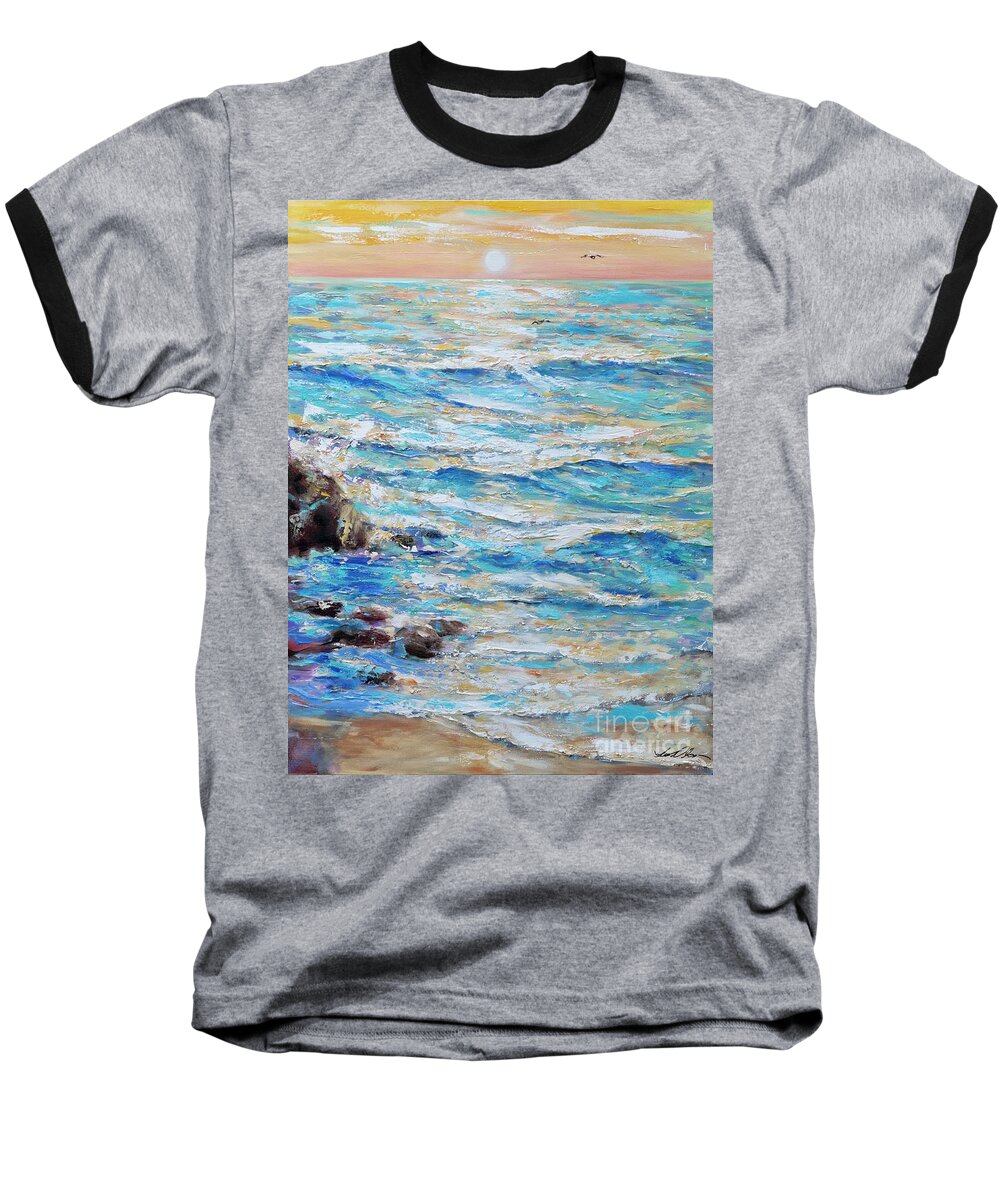 Ocean Baseball T-Shirt featuring the painting Cambria Rocks by Linda Olsen